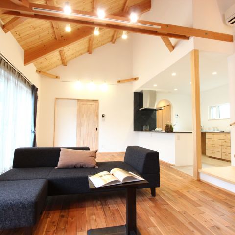 山小屋風の半2階を備え、大きな勾配天井が魅力的な平屋。シューズクロークからパントリー、そしてキッチンへ流れる主婦目線の動線やたっぷり収納もできるお家 アイキャッチ画像